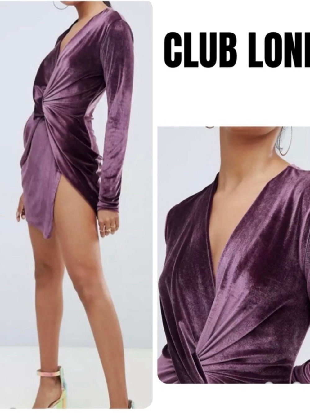 NWT Club L London Purple Velvet Twist-Front Long Sleeve Mini Dress - Picture 2 of 9